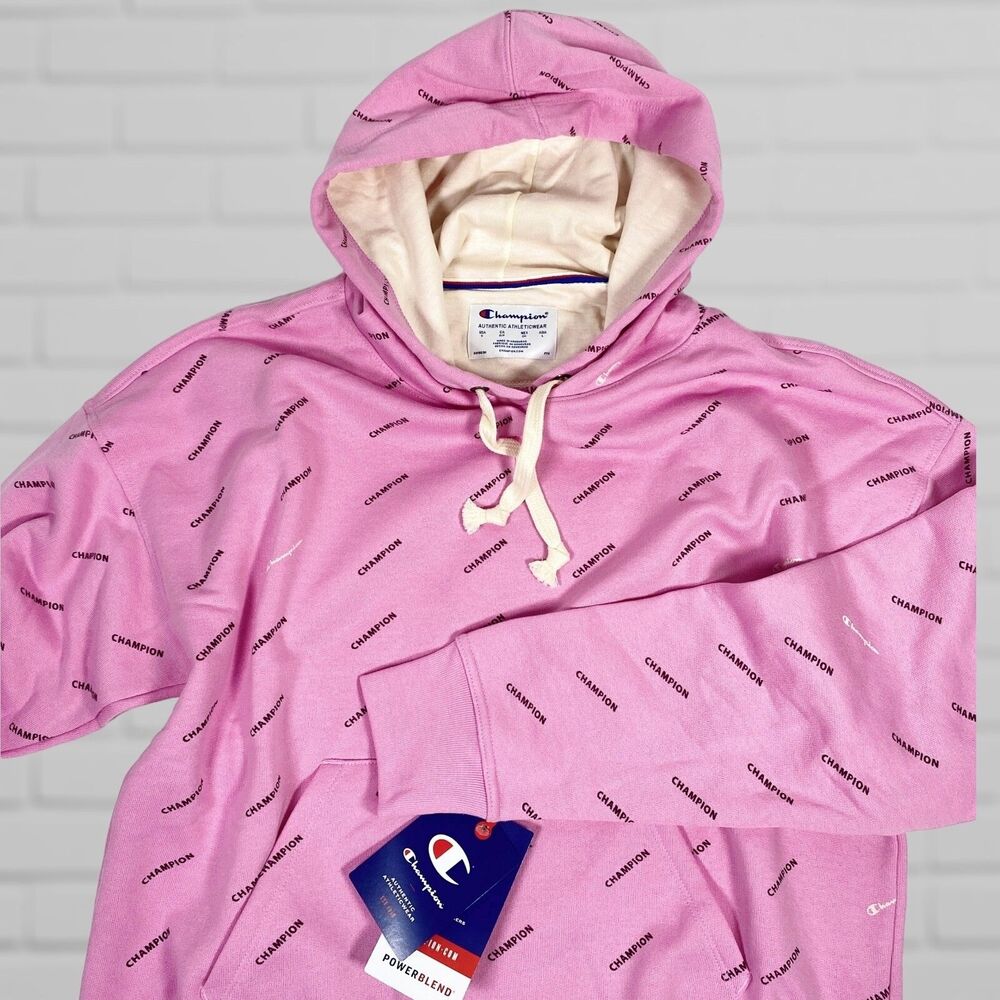 Champion Hoodie Womens Small Sweatshirt Pink Spell Out Graphic Sweater Top NEW